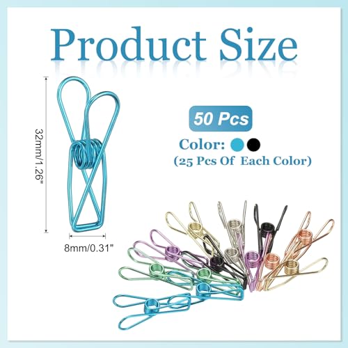 PATIKIL 50Pcs Paper Office Binder Clips, 1.26" Small Metal Wire Hollow Out Paper Clamps Long Tail Binder Clips for Photo Clothes Hanging Office Home Kitchen Food Package, Black/Blue - color: Black/Blue