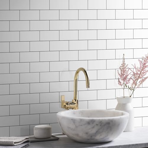 Vamos Tile 100-Piece Glossy Pure White Peel and Stick Backsplash Tile,3''x6'' PVC Subway Tile with Dark Gray Grout,Stick on Backsplash for Kitchen/Bathroom/Fireplace - color: Pure White