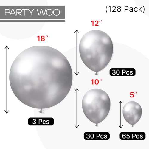 PartyWoo Silver Balloons 128 pcs Different Sizes of 18 12 10 5 Inch Silver Balloon Arch Kit Garland for Birthday Graduation Bachelorette Engagement Bridal Shower Wedding Party Decorations Silver-G102 - color: Silver-g102