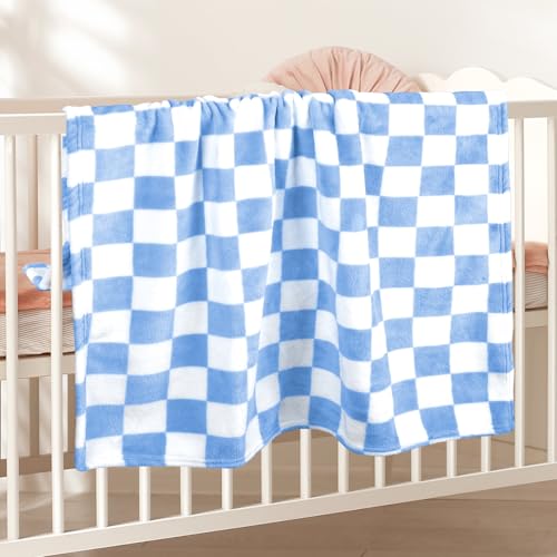 GreatBba Plush Checkered Baby Blanket for Boys Girls Nursery, 30"*40" Warm Short Fleece Blanket Neutral for Infant Newborn, Small Fuzzy for Sleeping, Chenille Baby for Stroller (Blue&White) - color: Blue&white