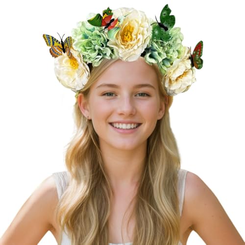 Elegant Butterfly Flower Headband for Women Boho Handmade Rose Floral Crown Wedding Bridal Festivals Cosplay Prom Photo Props Headpiece (B4 green white, Adjustable) - color: B4 green white