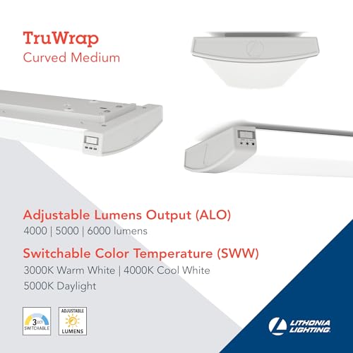 Lithonia Lighting TruWrap 4 Foot LED Ceiling Light Fixture, Low-Profile Wraparound LED Shop Light, Adjustable Lumens, Selectable Warm White/Cool White/Daylight Color, Curved Diffuser, Medium Width - size: Medium, style: Curved