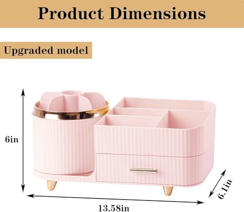 Rotating Makeup Organizer for Vanity with Brush Holder and Drawer, Cosmetic Makeup Storage, Large Spinning Makeup Skincare Organizer, Countertop Makeup Perfume Organizer, Lotions Display Case (Pink) - color: With Drawer-Pink