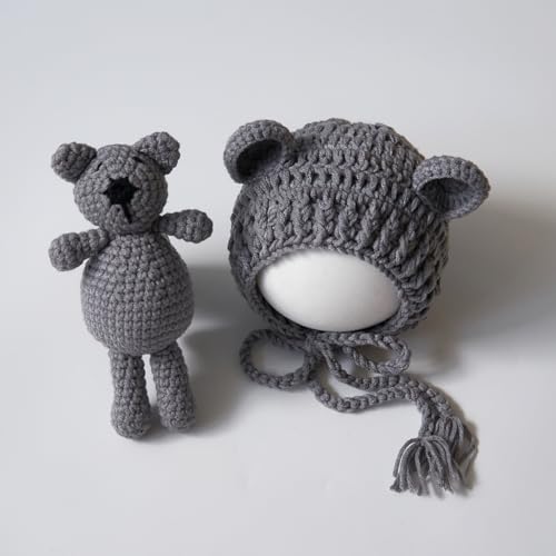 Zeroest Newborn Baby Boy Girl Photography Props Bear Hat Outfits Crochet Kint Handmade Cap Set for Newborn Photo Shoot - color: Grey