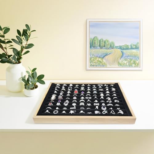 MOOCA 2 Pcs Bamboo Ring Display Tray Set with Black Suede Lining, Ring Organizer for Jewelry Storage and Display, Beige Color, 14W x 9.7D x 1.2H in - color: Black Velvet, Bamboo Tray, 10 Long Slots