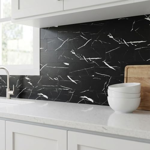10 Sheets Black Marquina PVC Subway Tiles Peel and Stick Backsplash,12''Heat Resistant Stick on Tiles for Kitchen,Waterproof Peel and Stick Wall Tiles for Bathrrom - color: Black Marquina