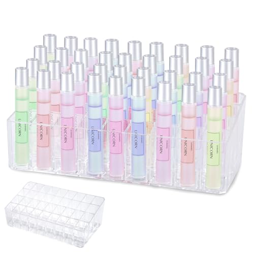 Rollerball Perfume Organizer, Beauty Scent Holder, 36 Space Clear Acrylic Perfume Organizer Refillable Container Tall Scented Oil Storage Display Case, Makeup Lipgloss Lipstick Display Case