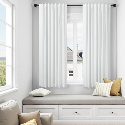 White Black Out Curtains 54 Inch Long 2 Panel Elegant Short Summer Curtains for Living Room Thermal Insulated Cotton Linen Blackout Drapes for 52-56 Inch Bay Window Country Chic Back Tab 52x54 Length - color: White, size: 52"W x 54"L (Pack of 2)