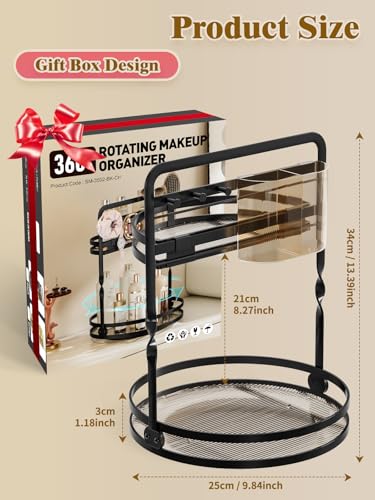 360 Rotating Makeup Organizer, Black Perfume Organizer for Dresser, 2-Tier Bathroom Countertop Organizer, Lazy Susan Skincare Storage, Spinning Vanity Tray with Jewelry Hooks & Brush Holder - color: Black