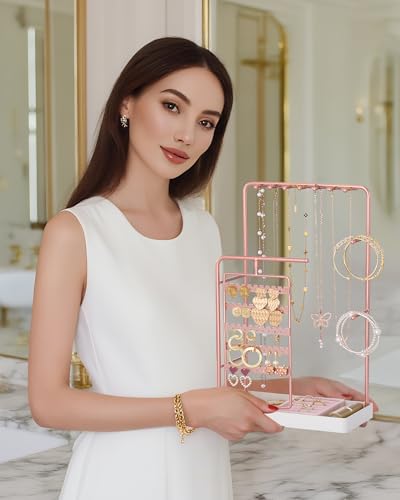 Lolalet Jewelry Organizer Stand, No Assembly Needed Display Storage with Rotating Earring Holder for Room Dorm Decor Necklace Bracelet Rings, Gifts for Mom Women Girls Mother's Day -Rosegold - color: Rosegold