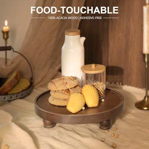 EOSAHR Farmhouse Wood Riser for Home Decor – Acacia Wood Round Pedestal Stand for Bathroom Decor & Kitchen Sink – Decorative Tray for Soap Dispenser, Plant & Cupcake (Dark Acacia) - color: Dark Acacia