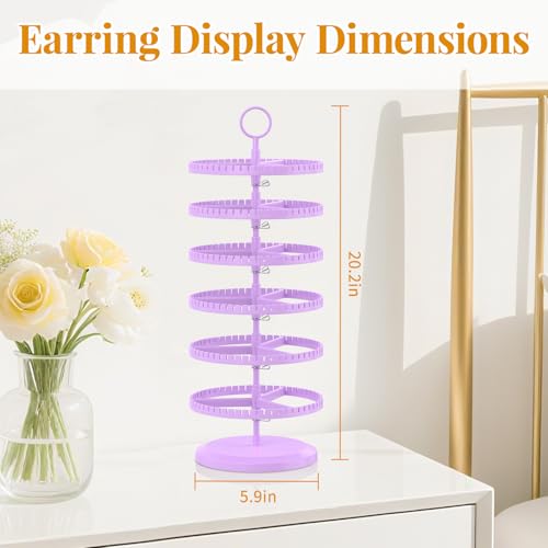 EsLuker.ly Earring Holder Organizer Rotating Stud Display Tree Rack with 342 U-Slots for Women, Large Adjustable 6 Tier Plastic Storage Stand with Metal Tray for Pierced Hoop Post Earring, Purple - color: Purple