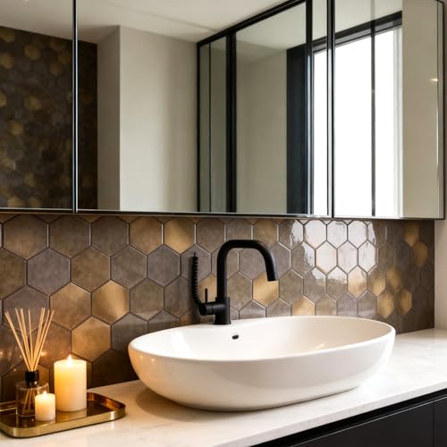 Peel and Stick Backsplash for Kitchen, New Upgrade Premium Hexagon Tile, Brown, Aluminum and PVC Composite Material, 10 Sheets 11.5" x 10" - color: Brown