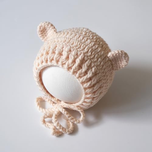 Zeroest Newborn Photography Outfits Boy Girl Bear Props Baby Photoshoot Crochet Bonnet Stuffed Animals for Newborn Photo - color: Beige