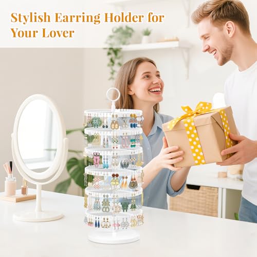 EsLuker.ly Earring Holder Organizer Rotating Stud Display Tree Rack with 342 U-Slots for Women Girls, Large Adjustable 6 Tier Plastic Storage Stand with Metal Tray for Pierced Hoop Post Earring, White - color: White
