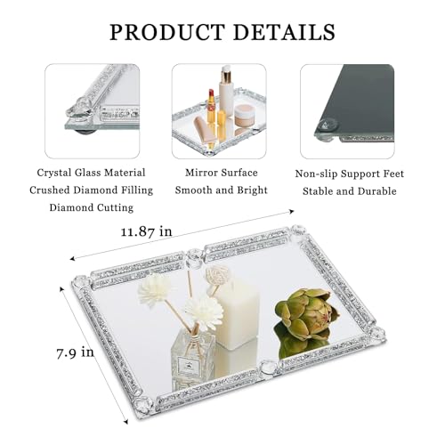 Crystal Glass Tray, 11.8" x 7.9" Crushed Diamond Silver Mirror Perfume Makeup Display Tray, Noble Jewelry Trinket Vanity Trays, Ornate Rectangular Cosmetics Dresser Decoration for Home Decor - color: Silver
