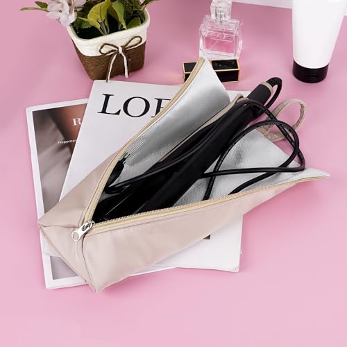 Heat-Proof Travel Pouch for Straighteners and Curling Wand, Waterproof Hanging Organizer with Zipper Closure, Salon Tools Bag with Extra Storage Pocket and Snap Strap (Khaki)