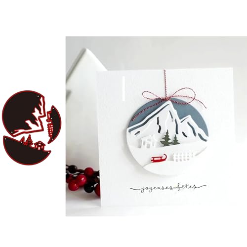 Lapoo 3D Backgrounds Metal Cutting Die for Scrapbooking, New Cutting Dies DIY Album Card Making Decor Paper Craft Metal Die Cuts Party Wedding Decorations (Round Snow Mountain Hut Fence 3.8 x 3 in) - color: Round Snow Mountain Hut Fence 3.8 x 3 in