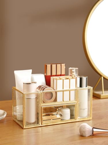 FSyueyun Vanity Clear Glass Makeup Organizer, Gold Makeup Brush Holder Cosmetic Storage Display Case for Skincare Perfume Dresser Countertop - color: Makeup Organizer