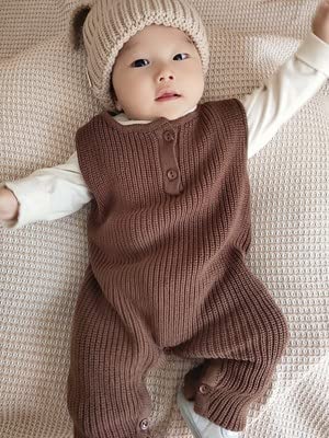 Vintage Baby Boy Knitted Outfits Overalls Romper Toddler Little Infant Photoshoot Props Clothes - color: Brown, size: 6-9 Months