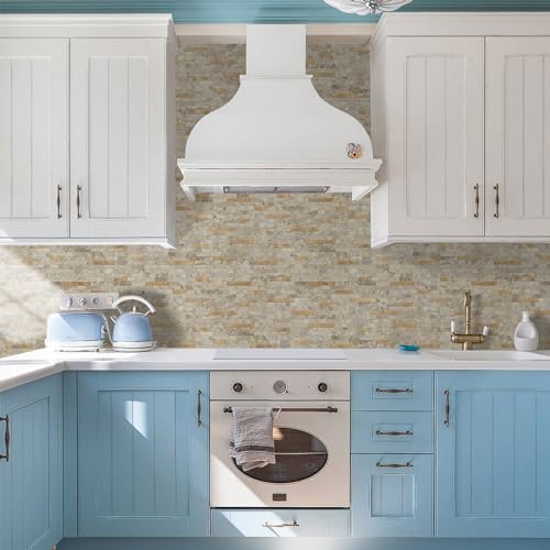 STICKGOO Peel and Stick Backsplash Tile, Stick on Backsplash for Kitchen and Bathroom, Stone Beige Marble Look PVC Mixed Metal Gold Self Adhesive Wall Tiles(10 Sheets) - color: Stone Beige with Metal Gold