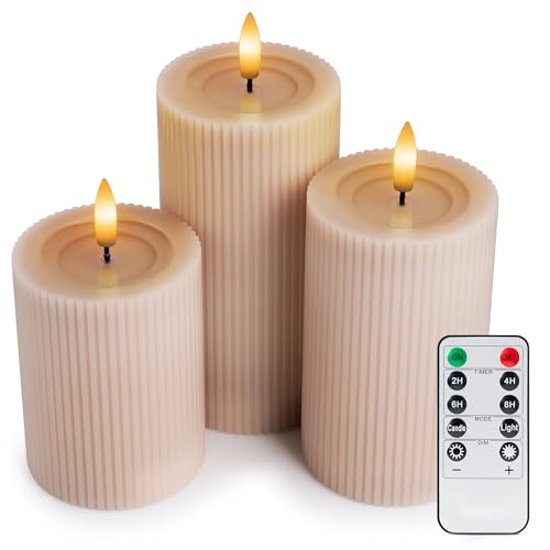 Fluted Ribbed LED Pillar Candles, Blush Beige, with Realistic Reflective Melted-Wax Effect – Flickering Flame, Remote, Dimmable, Flameless, Battery Operated, Home & Wedding Decor (Set of 3) - color: Blush Beige