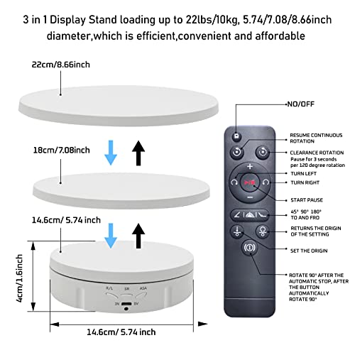JAYEGT 3in 1 Motorized Rotating Display Stand with 5.74 /7.08/ 8.66 inch Replacement Cover,Max 22lbs Load , 360 Electronic Turntable for Photography Products (3 in1 / White/ With Remote controller) - color: White