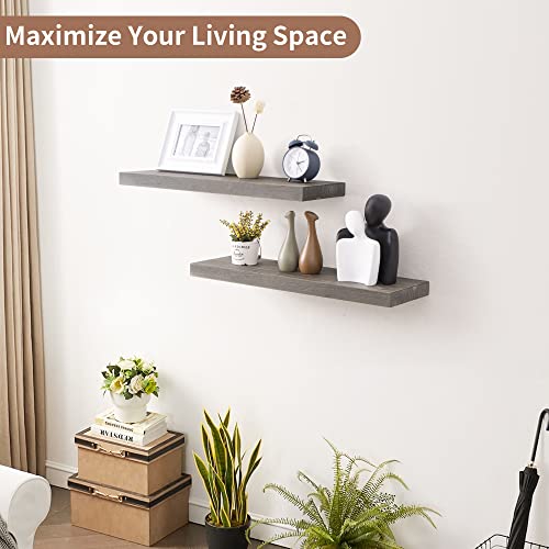 Axeman Floating Shelves for Wall, 24''W x 8'' D Rustic Solid Elm Wood Shelves for Storage, Wall Mounted Display Shelving with Invisible Heavy-Duty Metal Bracket (Grey, 2PCs) - color: Grey With Flat Edge, size: 24 inches - 2P