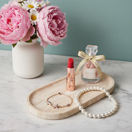 Travertine Vanity Tray for Bathroom Counter, 10"x5" Natural Marble Tray, Hand Polished, Perfume Organizer with Non-Slip Base, Candles, Stone Jewelry Dish (Travertine Beige, 9.8X4.7) - color: Travertine Beige