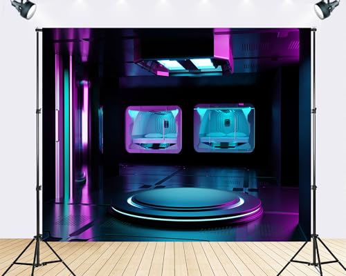 Trykid 7x5ft Cyberpunk Spaceship Podium Backdrop Futuristic Neon Glowing Stage Photography Background Product Display Gaming Streamer Party Decoration Tapestry Photo Booth Prop Fabric - size: 7x5ft