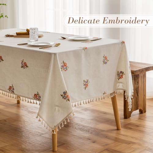 Floral Linen Table Cloth for 6 Foot Rectangle Table Colorful Flower Pattern Embroidered Tablecloth Cream Colored Fabric Neutral Farmhouse Thick Faux Burlap Tablecloth for Dining Buffet 60 x 102 - color: Orange Embroidered Floral Pattern, size: 102" x 60"