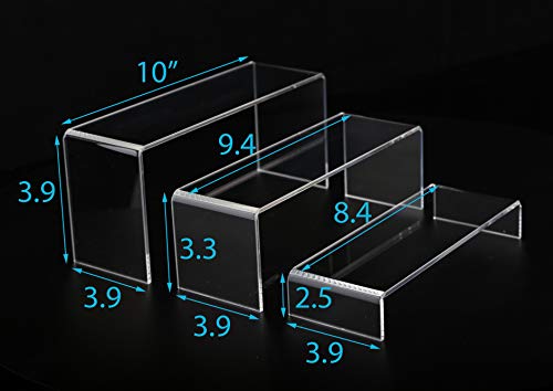 Jusalpha 3 PC Large Clear Acrylic Riser Set, Acrylic Display Risers Shelf Showcase Fixtures for Jewelry, Display Stand for Amiibo Funko POP Figures, Cupcakes, Food Display,10 x 3.9 x 3.9 in (1)