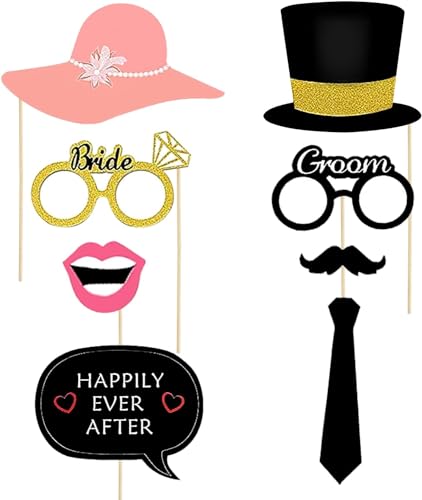 Wedding Photobooth Props Kit, Engagement Photo Booth Accessories with Wooden Dowels for Bridal Shower Wedding Favour Party Decorations Funny Selfie Props (Pink) - color: Pink