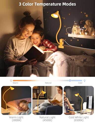 LiFMIRA Desk Lamp Clip on Lamp for Bed Headboard LED Reading Light for Bed, 3 Colors 10 Dimmable Brightness, Book Light for Reading in Bed Flexible Neck Clip on Light Clamp Lamp for Bed Desk(Yellow) - color: Yellow