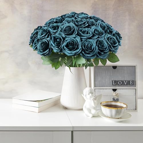 LVEFIT 30pcs Artificial Rose Flower Dark Green Rose Emerald Green Flower with Long Stem Silk Roses Bouquet for Wedding Bridal Shower Party Home Decoration - color: Emerald Green, size: 30pcs