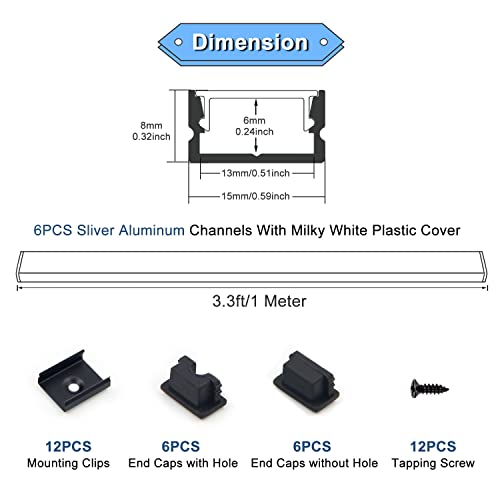 VST 6 Pack 3.3ft/1M LED Aluminum Channel U Shape with Milky PC Cover for Strip Lights Installation,Easy to Cut,Professional Look LED Strip Diffuser Cover Track with Complete Mounting Accessories - color: Black & Milky, size: 3.3ft 6