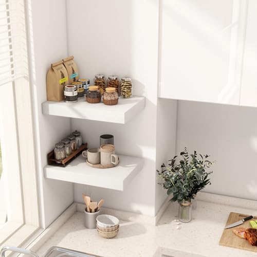 12 Inch Deep White Floating Shelves, 16 x 12 Floating Shelf for Books, Rustic Wood Deep Wall Shelves for Home Storage & Display, 2" Thicked Shelves for Kitchen, Living Room, Bedroom, 2 Pack - color: White, size: 16"W x 12"D, 2 Pack