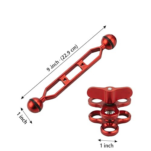 9-inch Double Ball Aluminum Extension Arm Set, 1-inch Ball with Three-Hole Butterfly Clamp, Saltwater-Grade Corrosion and Rust Resistant, for Underwater Strobes/Video Lights/Camera Rigs