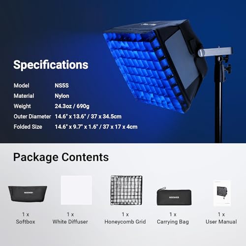 NEEWER Upgraded Softbox Diffuser Only for NEEWER RGB1200 Video Light, 14.6"x13.6"/37x34.5cm Foldable Soft Box with Grid/Bag/Blackout Hood, Quick Set Up for Portrait Studio Photography Lighting, NS5S - style: NS5S for RGB1200