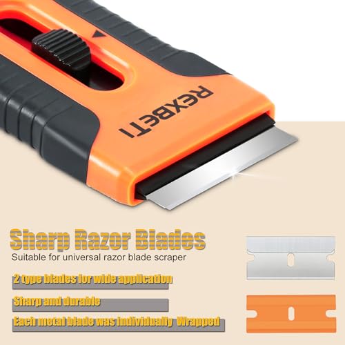 REXBETI Razor Blade Scraper Tool, 2 Pack Razor Scraper Set with Extra 80Pcs Razor Blades -30Pcs Metal and 50Pcs Plastic Blades, Cleaning Scraper Tool, Cooktop, Paint, Glass Scraper - style: Original 2 Pack