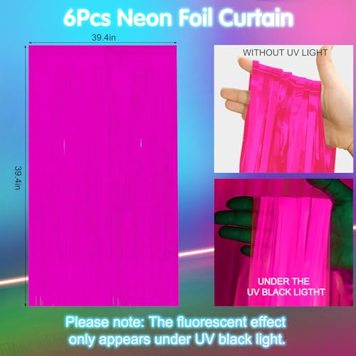 6 Pack 3.3Ft x 6.6Ft Hot Pink Glow in The Dark Foil Fringe Curtain Backdrop Party Supplies, Fluorescent Macaron Metallic Tinsel Foil Streamers Curtain Photo Booth for Neon Birthday Party Decorations - color: Glow in The Dark-Pink