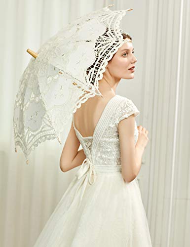 BABEYOND Lace Umbrella Parasol Vintage Wedding Bridal Umbrella for Decoration Photo Lady Costume 1920s Party (Apricot) - color: Off-White