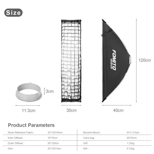 FOMITO 12"x47"/30x120cm Rectangular Softbox, Quick Release Bowens Mount Softbox with Honeycomb Grid, Light Diffusers, Bag for Godox SL-60W SL60IID SL150R SL300R Aputure 120d etc - color: 12*47inch/30*120cm