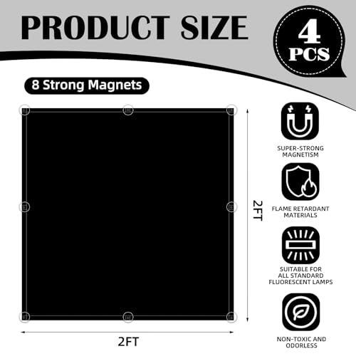 ANGSYLTH 2 x 2 Feet Fluorescent Light Covers - 4 Pcs Covers for Ceiling Lights, Magnetic Light Filters for Classroom, Office, Hospitals, Home (Black) - color: Black