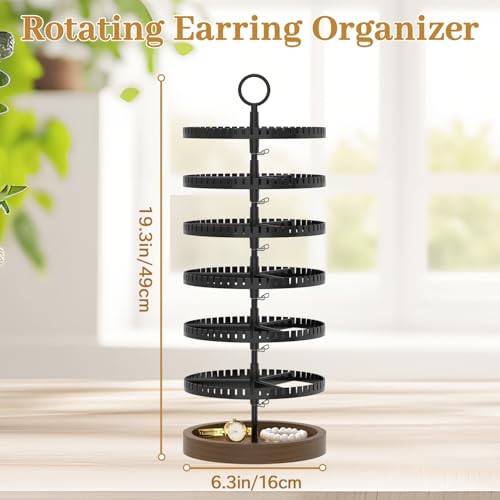MODOWEY 6 Tier Rotating Earring Holder Organizer Display Tree with Wooden Tray, Adjustable Plastic Stand with 342 Slots for Stud Hoop Hanger, Large Capacity Storage Rack for Women Space Saving, Black - color: Classic Black Brown