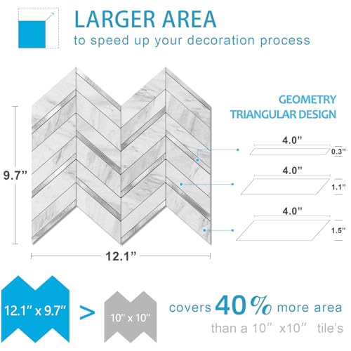 Herringbone Peel and Stick Backsplash, 10-Sheet Peel and Stick Wall Tiles Self Adhesive PVC Tile Stick on Backsplash Tiles for Kitchen Fireplace - color: White Marble Mixed Silver Metal