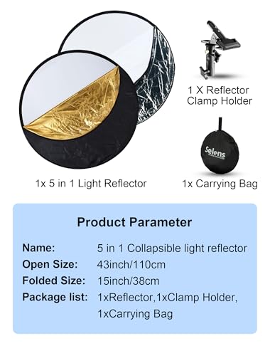 Selens Portable 43inch/110cm Light Reflector with Clamp,5 in 1 Collapsible Multi Disc Photography Reflector Translucent,Silver,Gold,White,Black for Studio Photography Lighting and Outdoor Lighting - size: 5 in 1 43inch with clamp