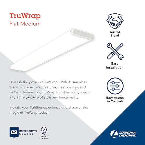 Lithonia Lighting TruWrap 4 Foot LED Ceiling Light Fixture, Low-Profile Wraparound LED Shop Light, Adjustable Lumens, Selectable Warm White/Cool White/Daylight Color, Flat Diffuser, Medium Width - size: Medium, style: Flat