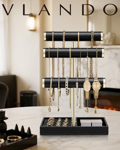 VLANDO 3 Tier Bracelet Holder Organizer with Tray - Leather Jewelry Stand Organizer for Women - Jewelry Holder Display for Necklace, Watches, Rings, Earrings, Bangle, Scrunchie - Black - color: C. Black, size: 3 Tier