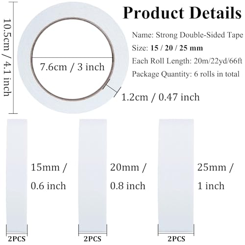 Double-Sided Fabric Tape, Hem Tape No Sew Double Sided Tape for Crafts Arts, 6 Rolls Strong Adhesive Cloth Sewing Tape for Hemming, Clothing Repairs, Pants, DIY Projects, Paper Backing (0.6/0.8/1inch) - size: 15mm*2 / 20mm*2 / 25mm*2
